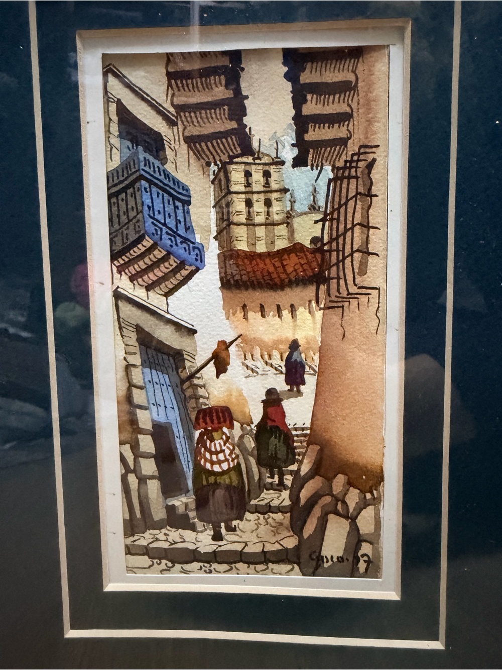 Original Vintage Peruvian Watercolor Painting, Cusco, 1997, Framed